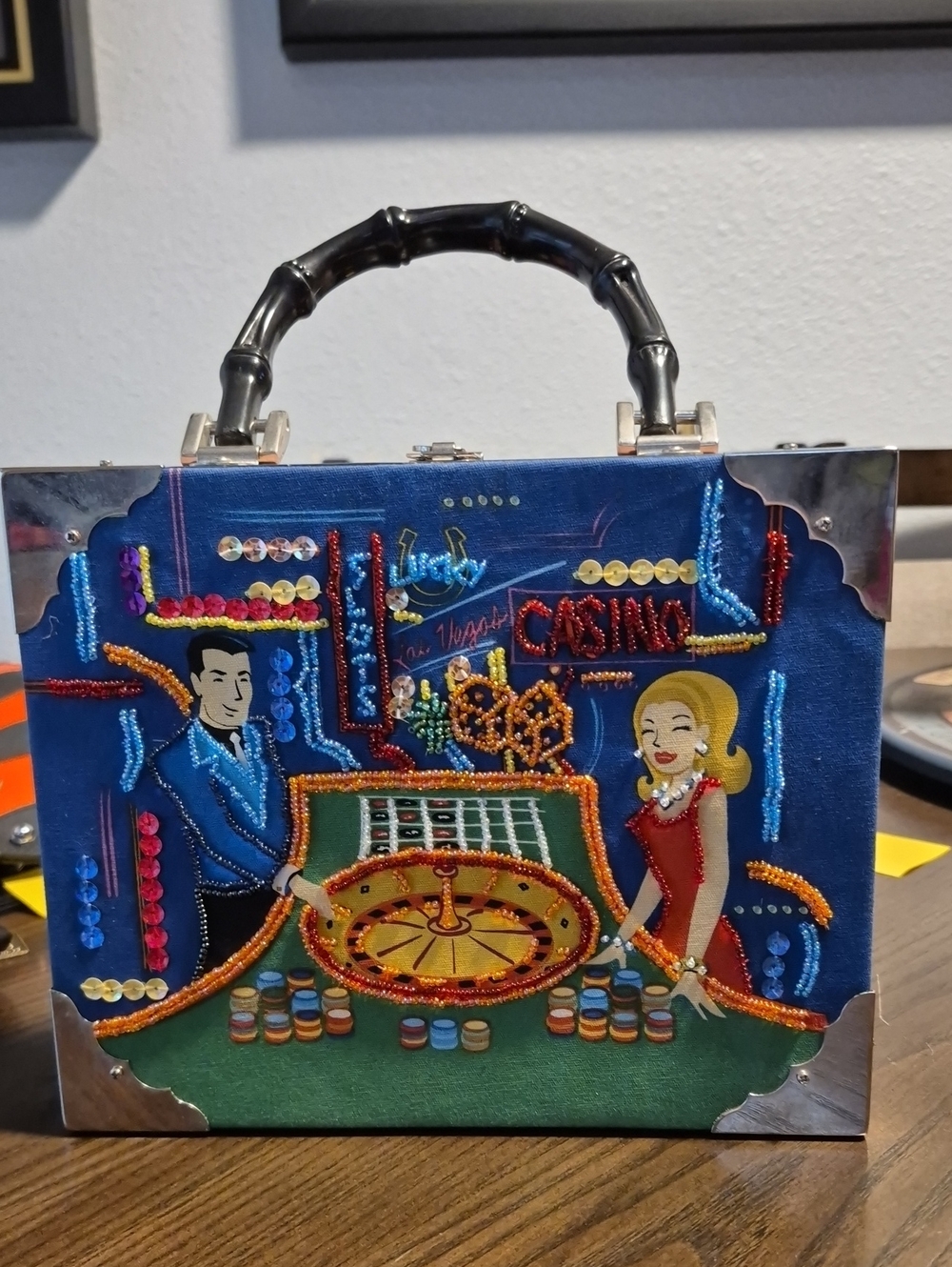Embellished Casino Roulette Cigar Box Handbag - Blue with Multicolor Beading